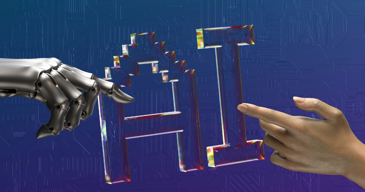 Robot hand and human hand touching thr initials AI